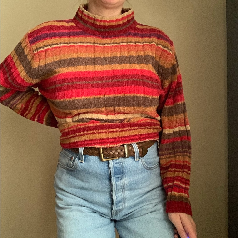 VINTAGE Ribbed Red & Tan Striped Sweater